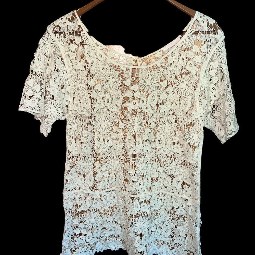 Crystal K Champagne‎ Lace Short Sleeved Shirt with button back size medium